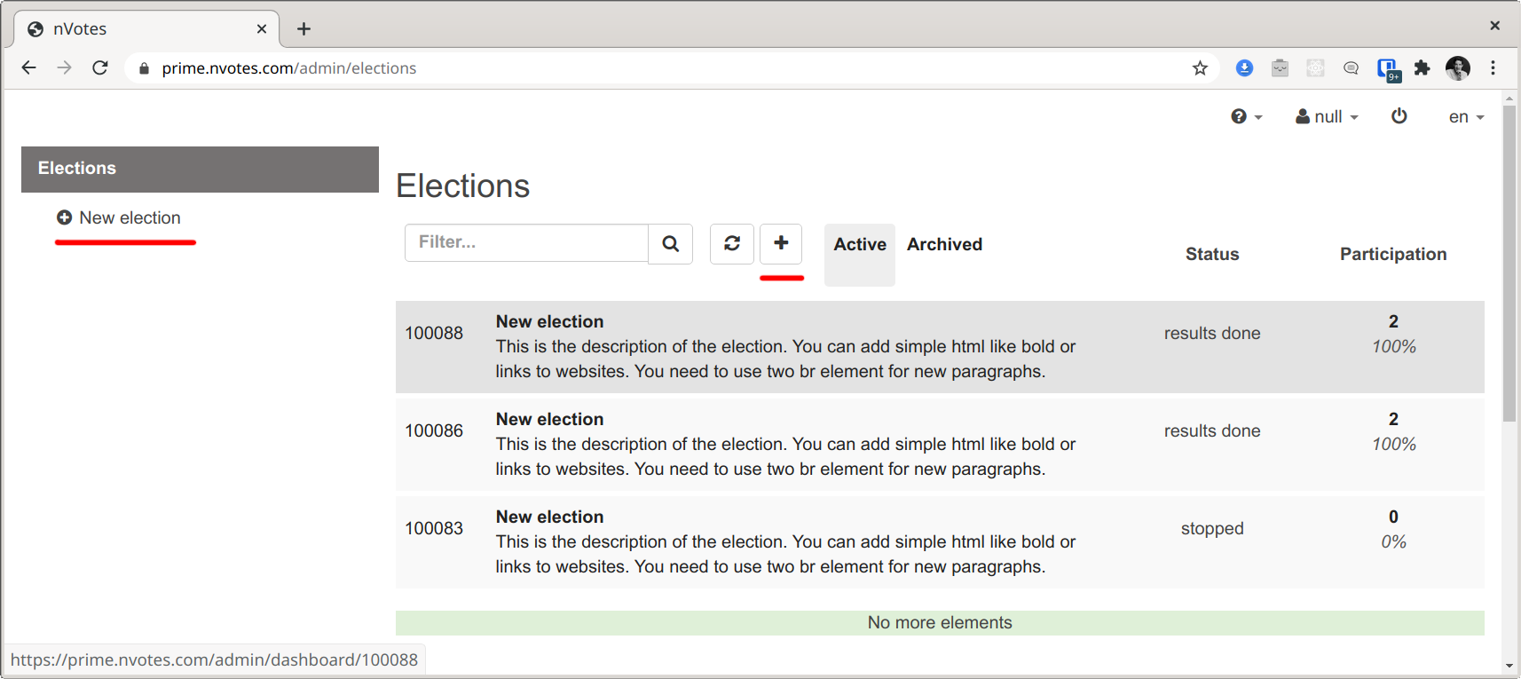 Highlighted Create New Election Buttons in Admin interface