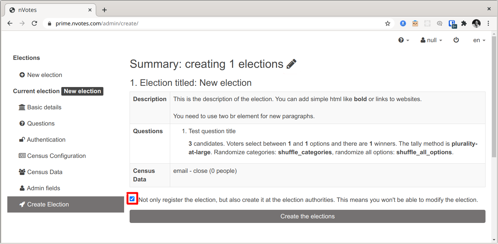 Create Election section checkbox