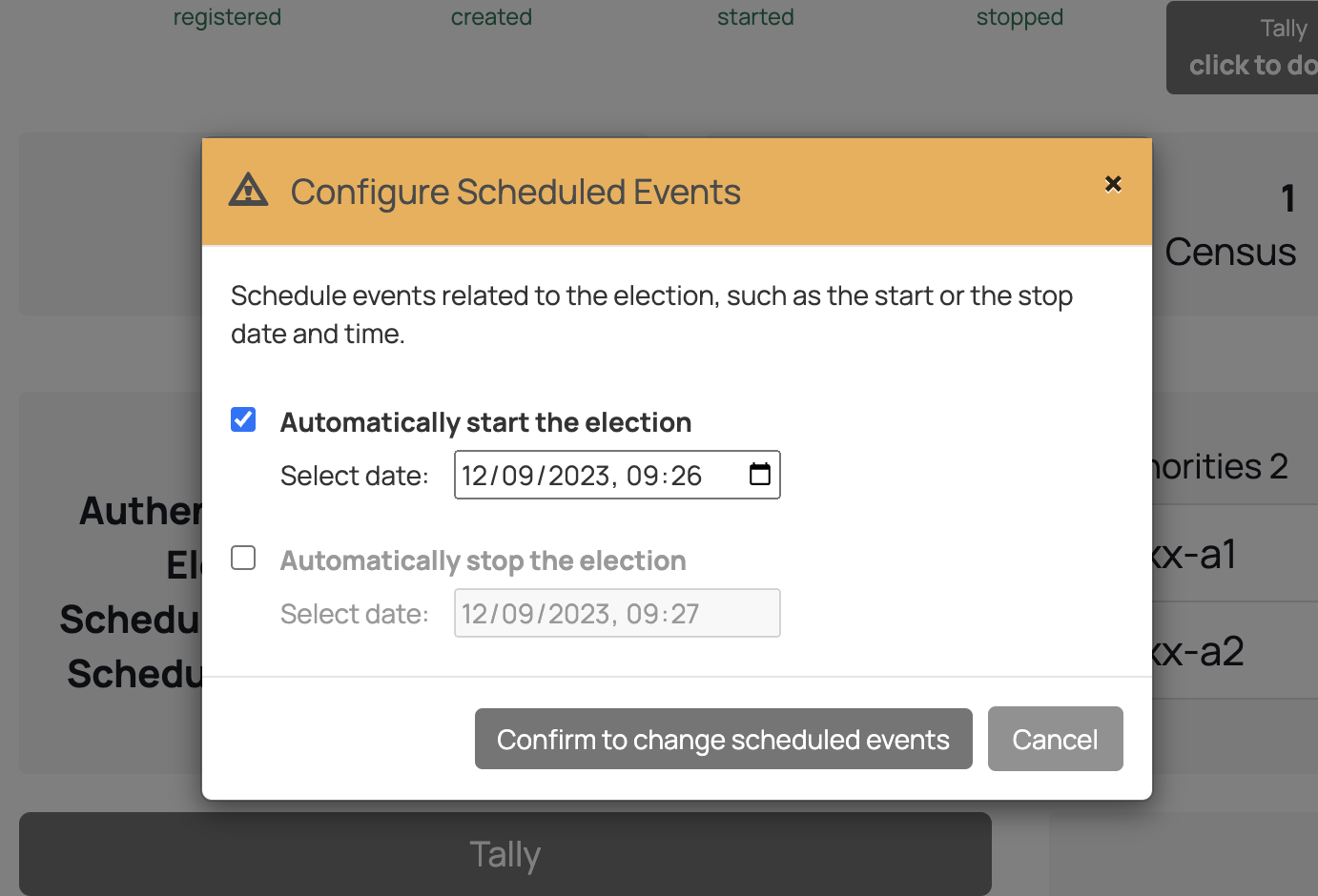 Scheduled events modal dialog