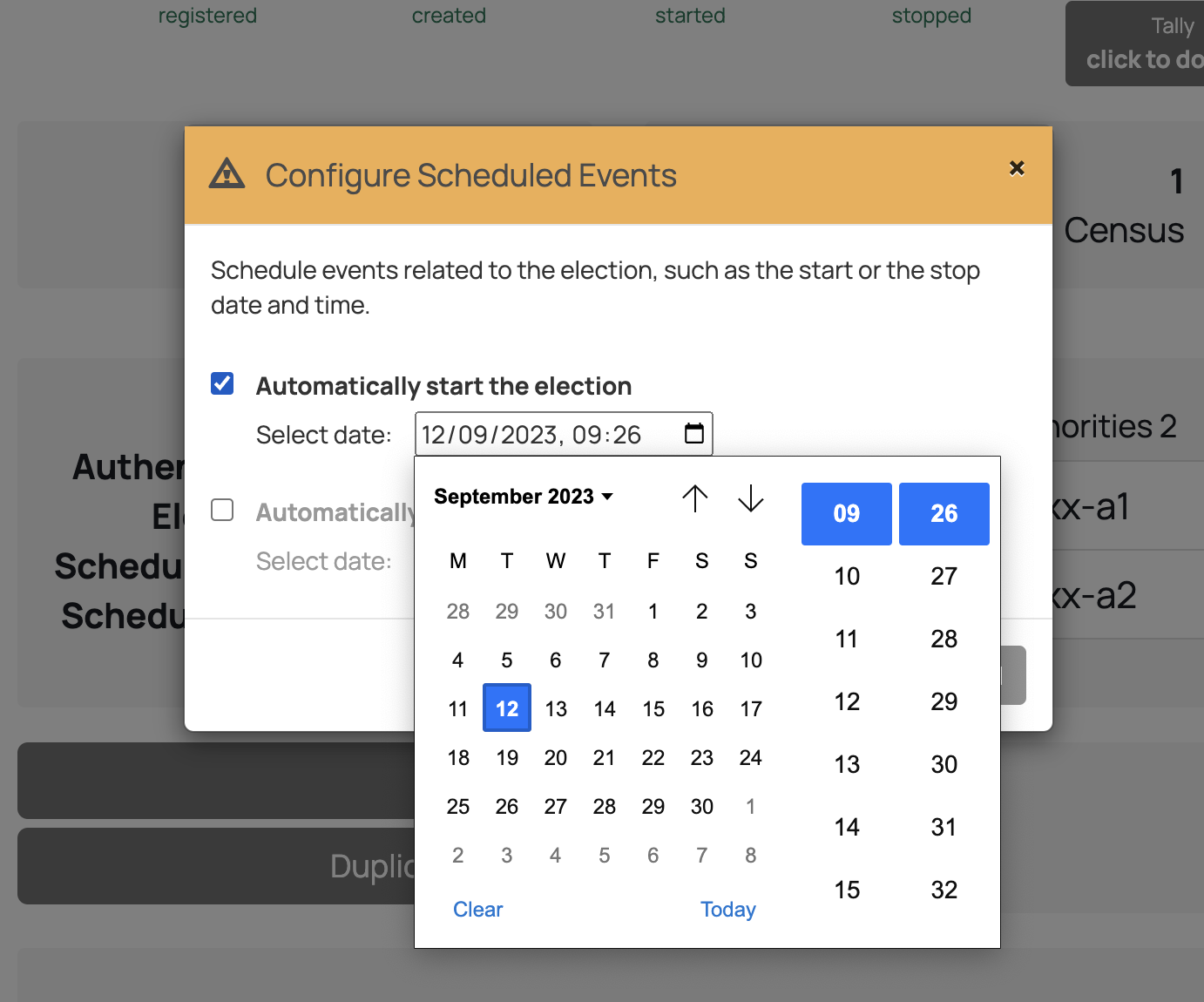 Scheduled events modal dialog with date selector