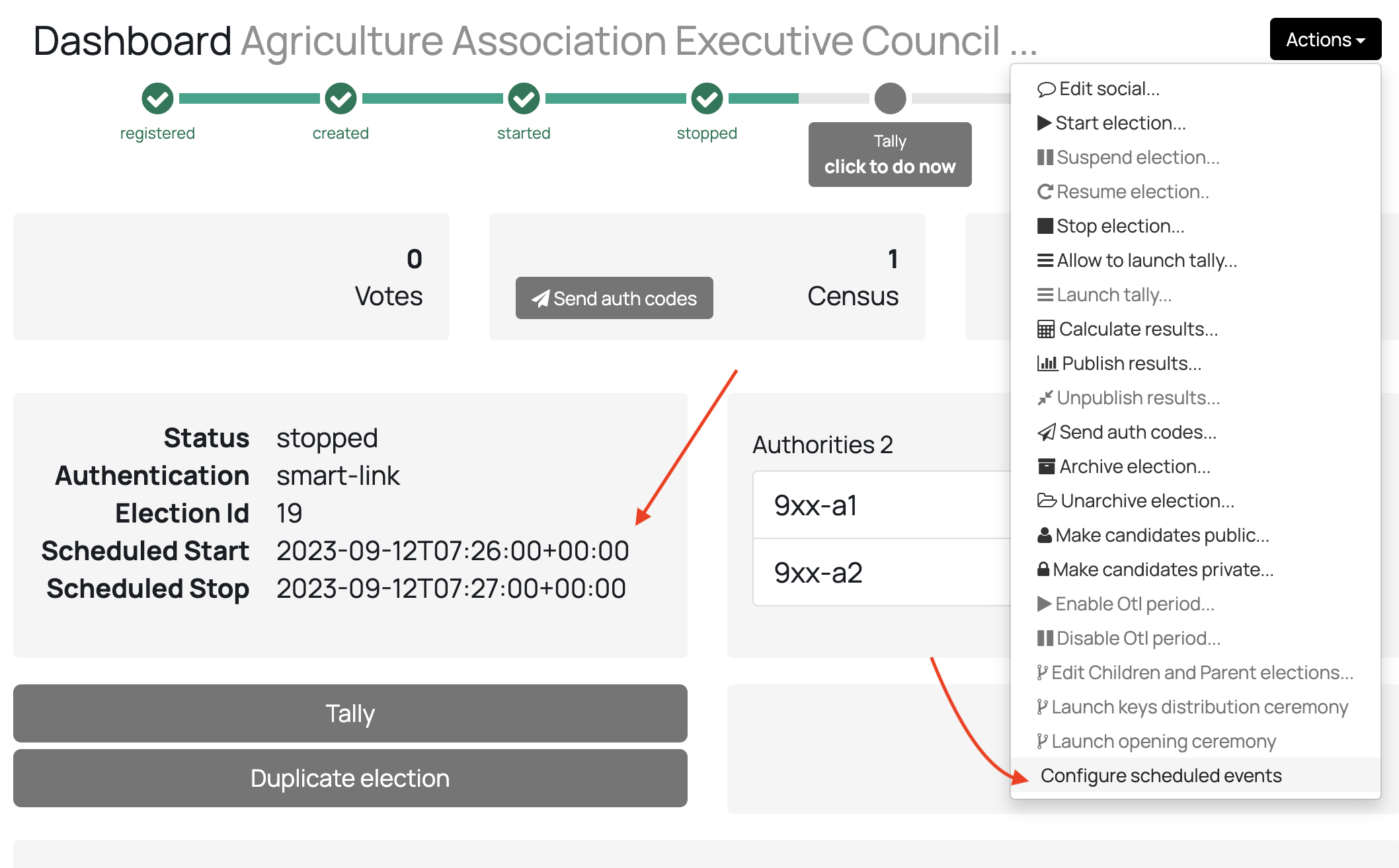 Scheduled events in the Election Dashboard