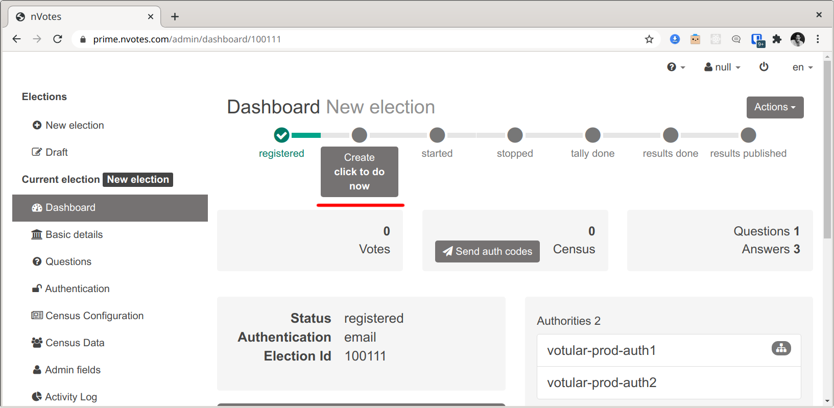 Create button in Election dashboard